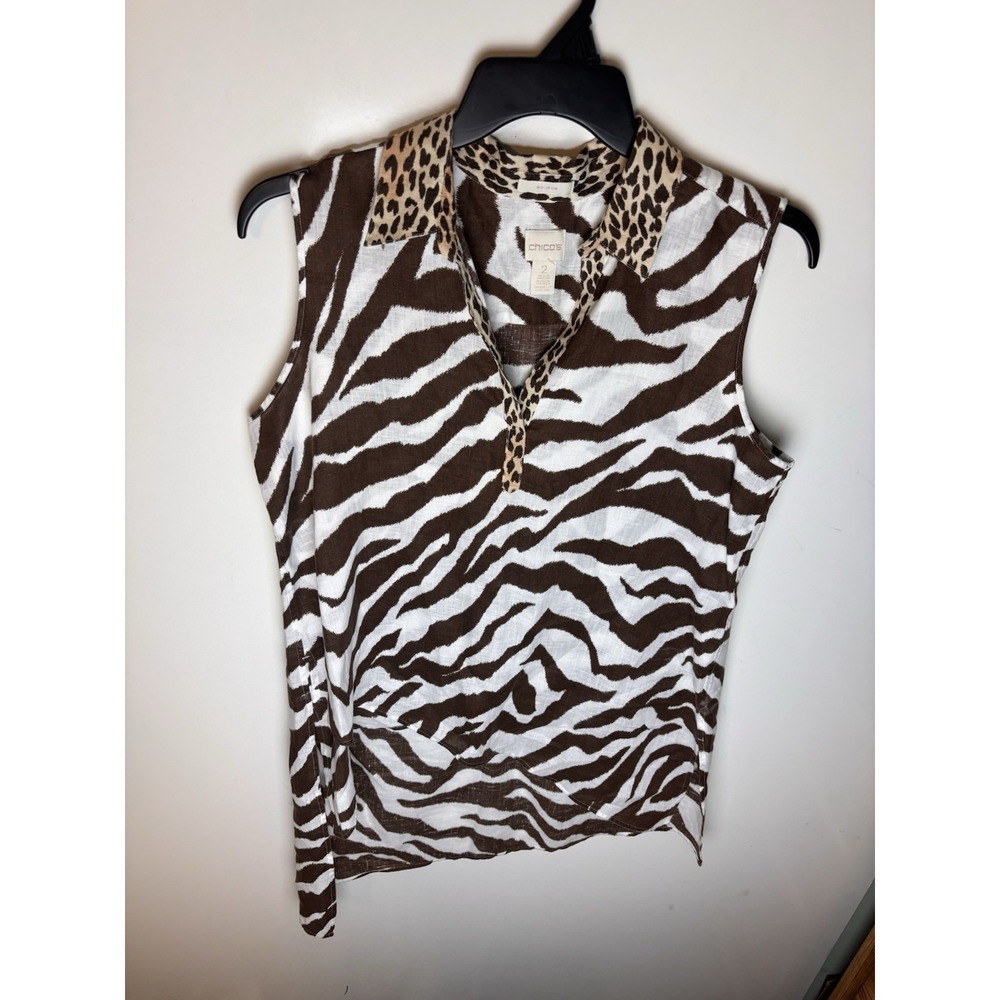 Chicos Linen asymmetrical tunic top No Iron collar Sleeveless animal print Sz 2
